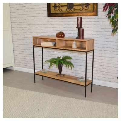 Natural Mango Wood and Black Metal Console Table with Storage