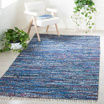 Hand-Woven Striped Cotton Area Rug in Blue, 6' x 9'