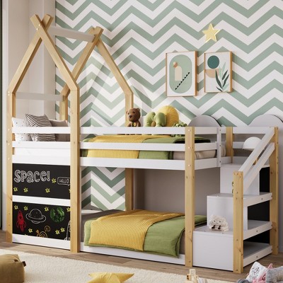 Twin over Twin House Bunk Bed with White Storage Staircase and Blackboard, White and Natural - ModernLuxe