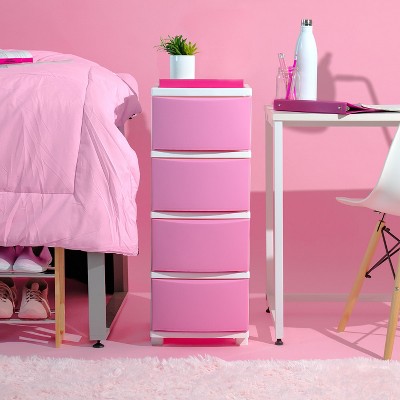 Slim White and Pink Plastic 4-Drawer Storage Cart