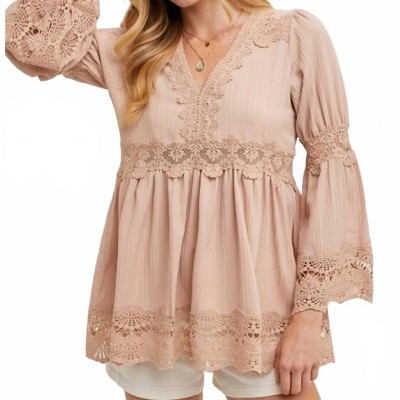 Women's Lace Trimmed Bell Sleeve V-neck Blouse - BluIvy
