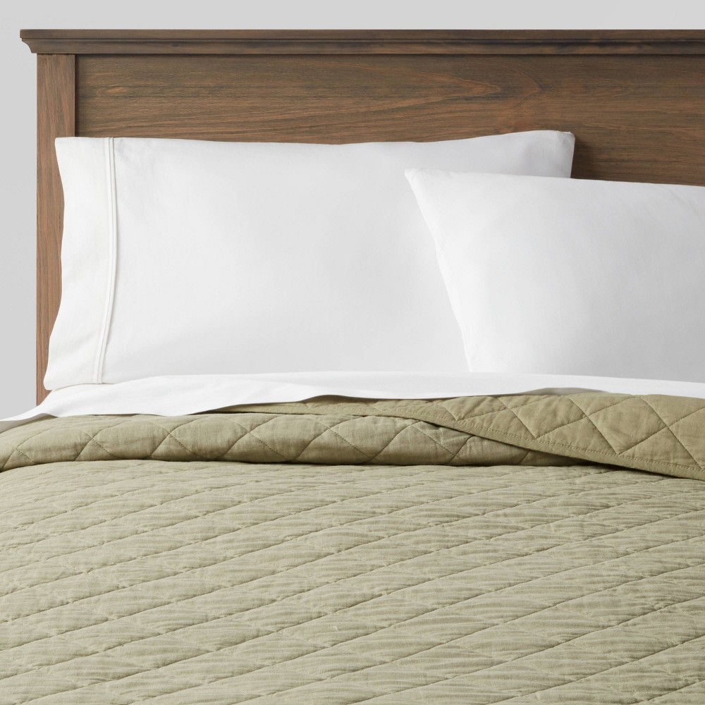 King Diamond Stitch Cotton Linen Quilt Moss Green - Threshold™: OEKO-TEX Certified, Midweight Coverlet