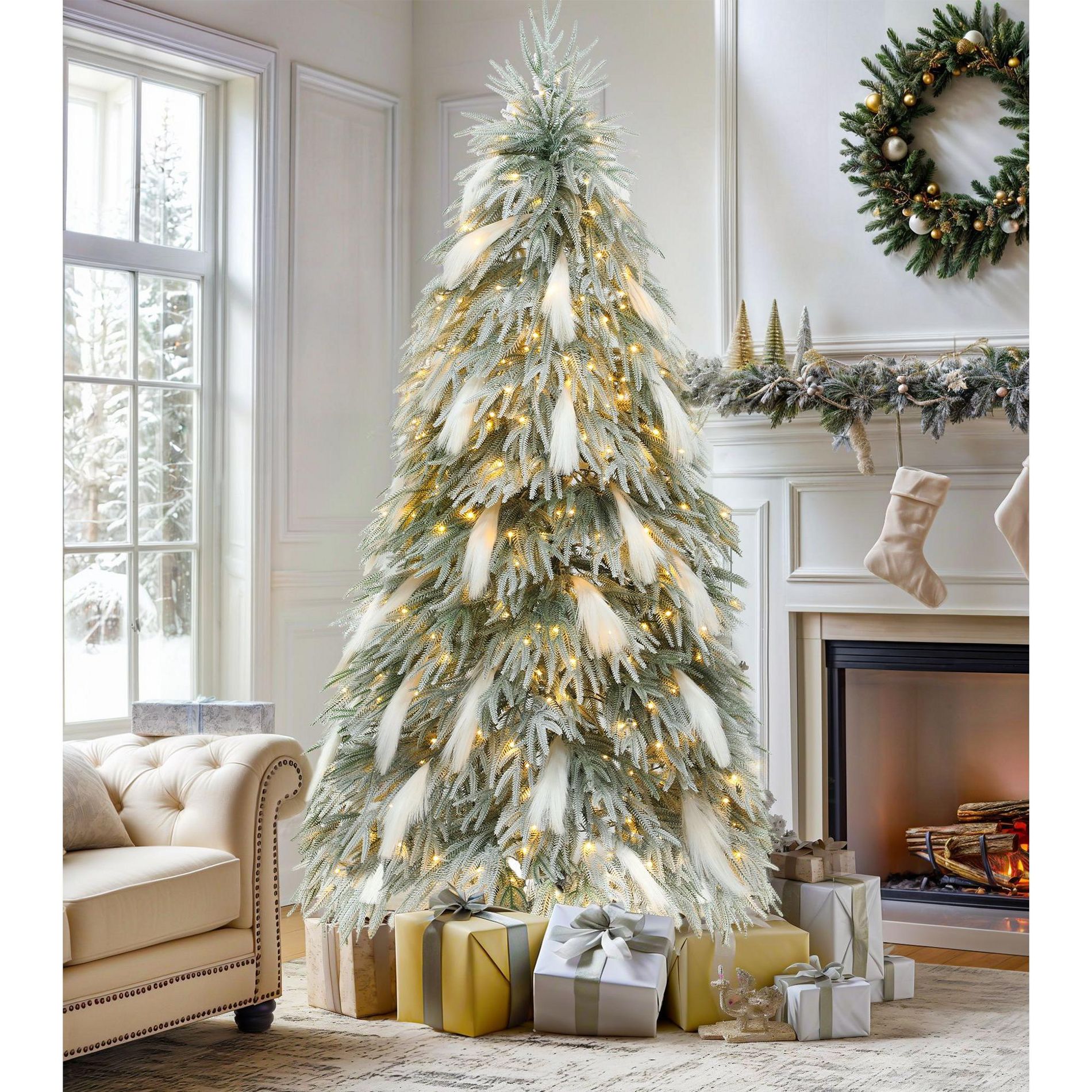 6ft Pre-Lit Snow-Flocked Pampas Christmas Tree Artificial Tree Party  with 30 Plumes, 355 PE Branch Tips, and 400 Light