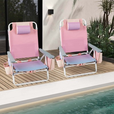 Pink Folding Aluminum Beach Lounger Set with Storage Bag