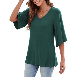 Coolmee Women's Loose V Neck Blouse with 3/4 Bell Sleeves - 1 of 2