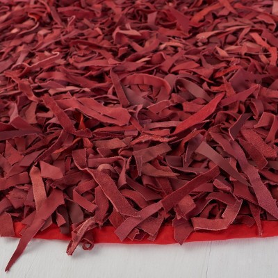 Red Round Hand-Knotted Leather Shag Area Rug