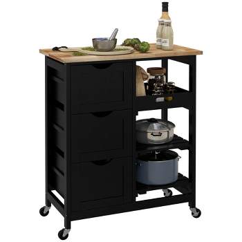 HOMCOM Rolling Kitchen Island Cart, Bar Serving Cart, Compact Trolley on Wheels with Wood Top, Shelves & Drawers for Home Dining Area
