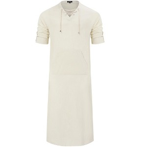 Men's Long Sleeve Kaftan Side Split Long Gown Linen Robe Long Gown Casual Shirt for Beach, Summer - 1 of 4