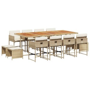 vidaXL Patio Dining Set with Cushions Table and Chairs Outdoor Poly Rattan - Beige Wood 12-Piece - 1 of 4
