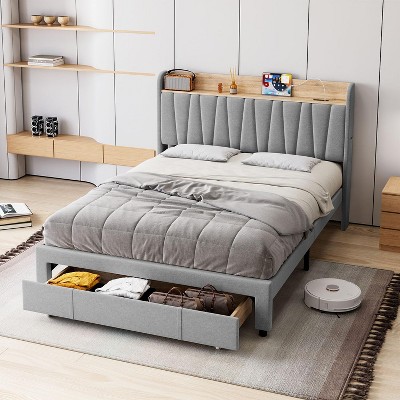 Whizmax Bed Frame with 2 Storage Drawers, Upholstered Platform Bed Frame with Storage Headboard, Mattress Foundation with Solid Wooden Slats Support