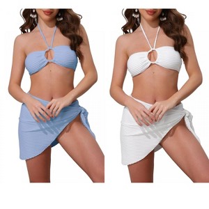 INSPIRE CHIC Women's Rope Circle Halter Ribbed Triangle Bottoms Side Tie Cover Up Swimwear Bathing Bikini Suits 2 Sets - 1 of 4