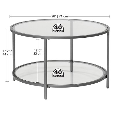 Pewter Round Glass Coffee Table with Steel Frame, 28 Inches