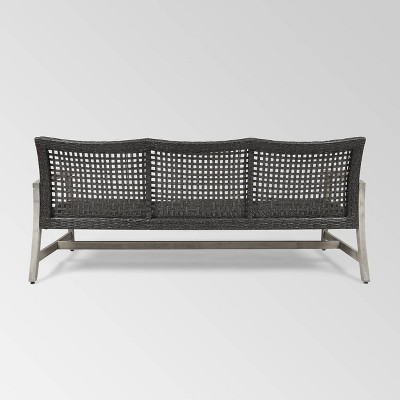 Marcia Light Gray Wood and Black Wicker Three-Seat Outdoor Sofa