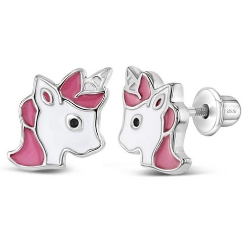 Girls' Happy Unicorn Screw Back Sterling Silver Earrings - Pink - In Season  Jewelry