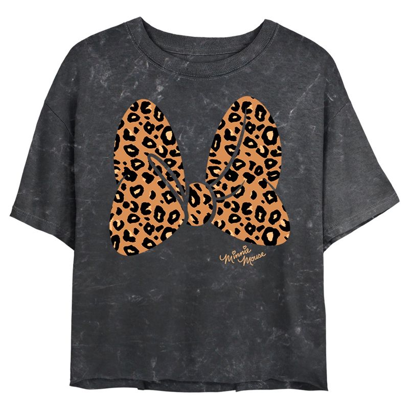 Juniors Womens Mickey & Friends Cheetah Print Minnie Mouse Bow Mineral Wash Crop T-Shirt, 1 of 5