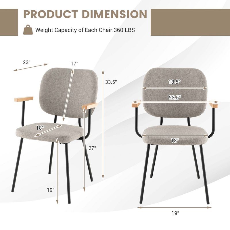 Costway Set of 2 Modern Linen Fabric Dining Chairs Padded Kitchen Accent Armchair Grey/Orange, 3 of 10