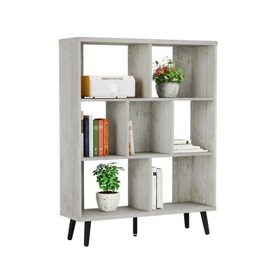 Bestier Mid Century Modern 7 Cube 3 Tier Semi Open Back Storage Organizer Bookcase for Living Rooms and Office Spaces 48.5 Inches, Light Gray