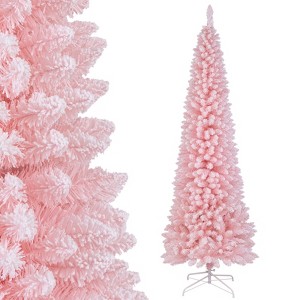 Tangkula 8 FT Christmas Tree Artificial Xmas Tree with 1000 Flocked Branch Tips & Folding Metal Stand Slim Pencil Decoration Tree - 1 of 4