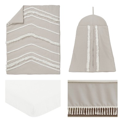 Taupe and Ivory Linen Blend Boho Fringe 4-Piece Crib Bedding Set