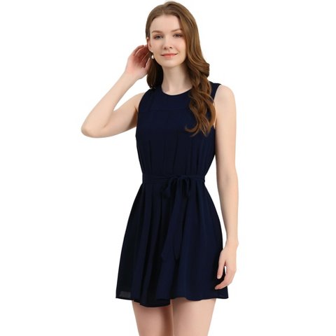 Женские платья INSPIRE CHIC Women's Sleeveless Round Neck Pleated Chiffon Dress Small Navy Blue