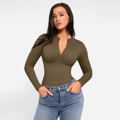 Feelingirl Women's Zipper Up Deep V Neck Bodysuits for Women Long Sleeve Shapewear Bodysuit