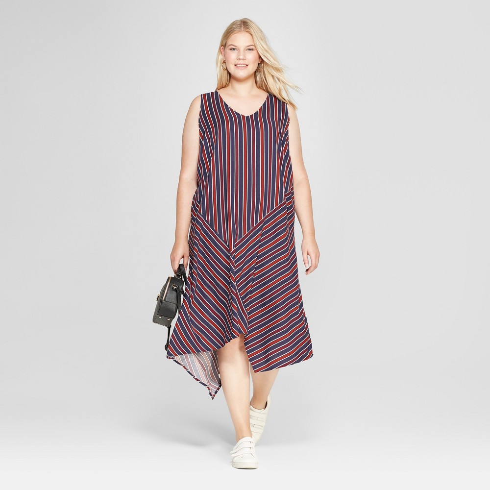 Women's Plus Size Striped Sleeveless Dress with Asymmetrical Hem - Ava & Viv Navy/Burgundy 3X, Size: Small, Red was $27.98 now $18.18 (35.0% off)