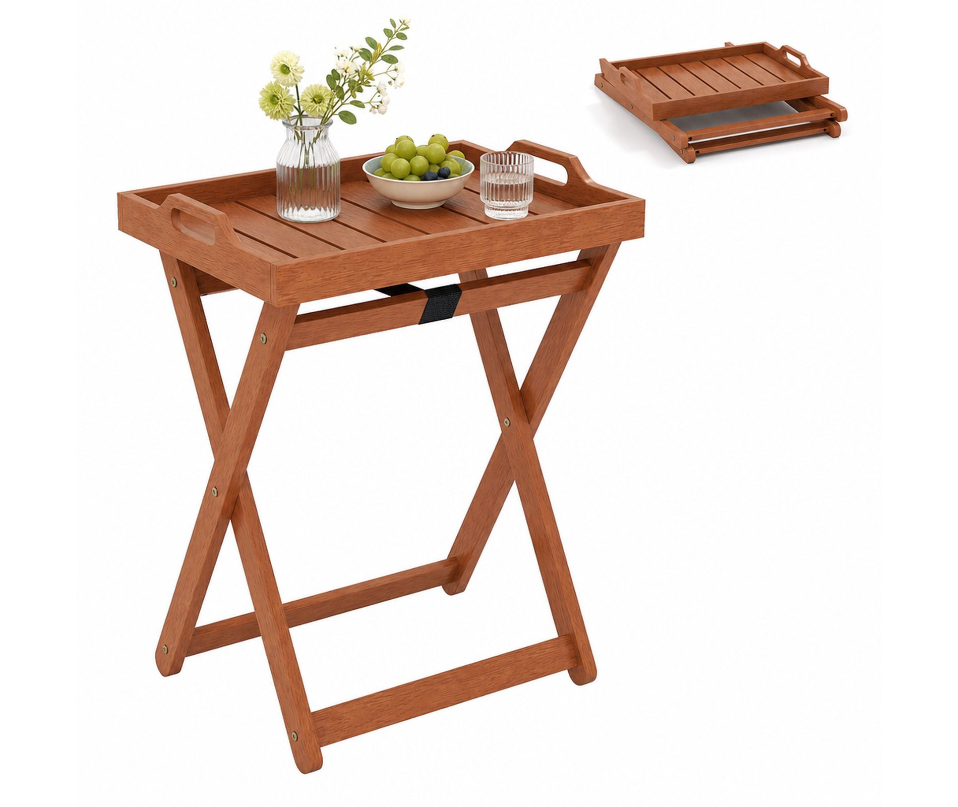 Portable Wood Outdoor Patio Coffee Table with Folding Frame and Removable Serving Tray