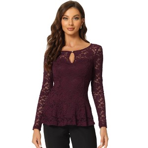 INSPIRE CHIC Women's Floral Lace Front Peplum Hem Keyhole Sheer Long Sleeve Blouse - 1 of 4