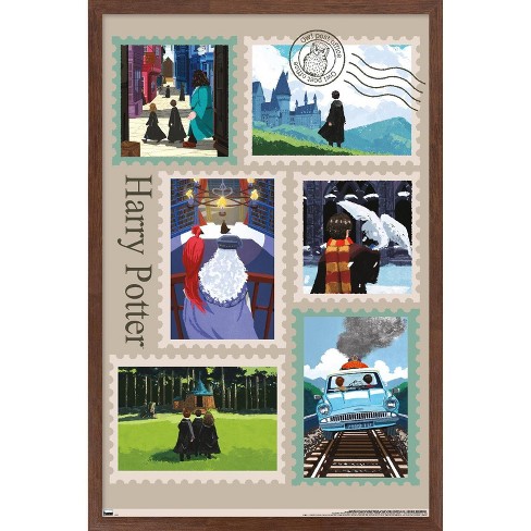 Trends International The Wizarding World: Harry Potter - Stamps Collage  Framed Wall Poster Prints Mahogany Framed Version 22.375 x 34