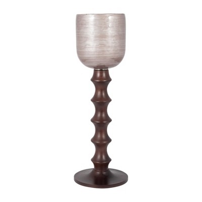 Pillar Holder with Glass Top and Turned Mango Wood and Metal Base in Modern Sculptural Design