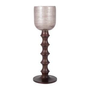 Pillar Holder with Glass Top and Turned Mango Wood and Metal Base in Modern Sculptural Design - 1 of 4