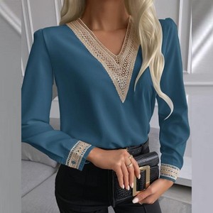 Women's Stylish Lace - Trimmed Solid Color Blouse with V - Neck and Three - Quarter Sleeves, Perfect for Any Occasion - 1 of 2