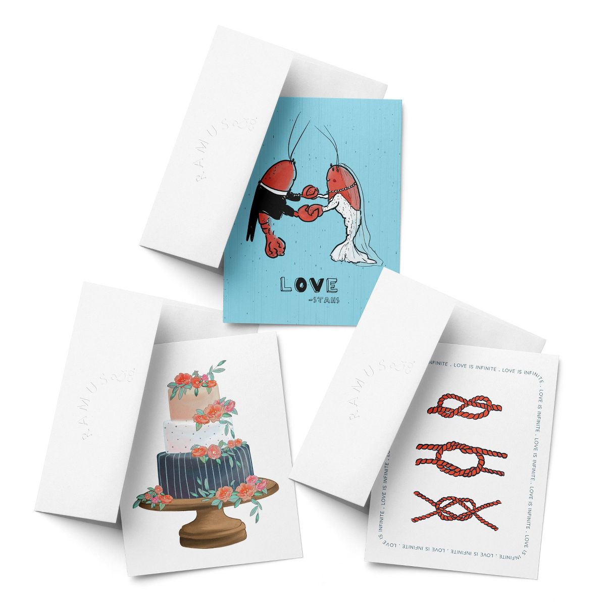Wedding Greeting Card Pack (3ct) "Lobster Love, Cake, Knot" by Ramus & Co