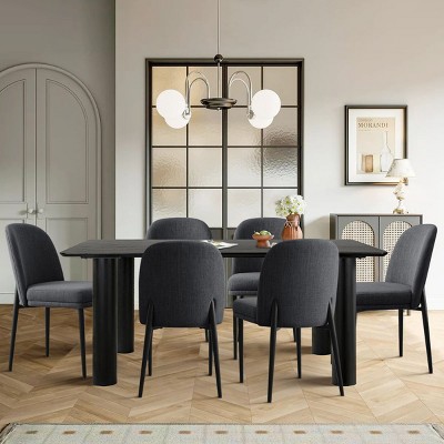 7-Piece Dining Table Set, 67'' Black Rectangle Table with 6 Armless Upholstered Linen Fabric Dining Chairs, Indoor Furniture - Maison Boucle