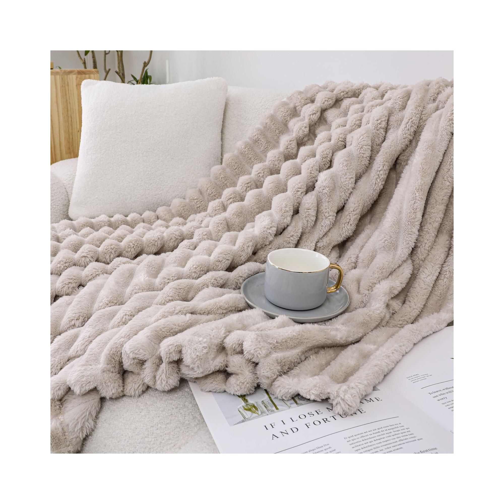 Kate Aurora Modern Lux Ultra Soft & Plush Ribbed Accent Throw Blanket - 50 in. W x 60 in. L - Beige
