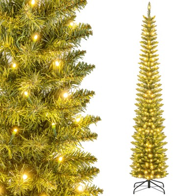 Tangkula 5/6/7/8/9FT Artificial Christmas Tree Pre-lit Pencil Xmas Tree with 296/390/499/591/699 Branch Tips 150/180/200/300/400 Warm White LED Lights