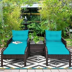 Costway 5 PCS Patio Rattan Furniture Set Sofa Ottoman Table Cushioned Turquoise - 1 of 4
