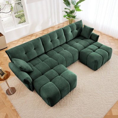 DOMETOUR 3 Seater Sofa Set with Ottoman & Throw Pillows, Solid Wood Frame, Textured Chenille Fabric, for Living Room, Office, Hotel, Green