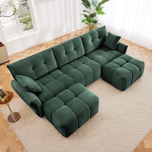 DOMETOUR 3 Seater Sofa Set with Ottoman & Throw Pillows, Solid Wood Frame, Textured Chenille Fabric, for Living Room, Office, Hotel, Green - 1 of 4