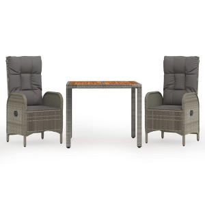 vidaXL 3-Piece Outdoor Patio Dining Set-Gray Poly Rattan with Reclining Chairs, Solid Acacia Wood Tabletop, Dark Gray Cushions - 1 of 4