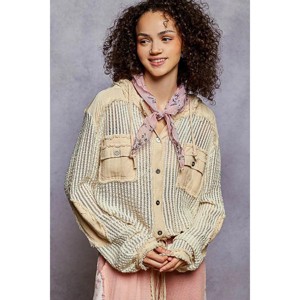 I am a Fashion junky POL Texture Woven Button Down Hooded Shirt with Drawstring Hem - 1 of 4