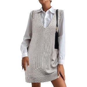 Zeagoo Womens Sweater Vest Dress Pattern Knitted Pullovers Sweaters V Neck Tank Sweater Dress with Pockets - 1 of 4