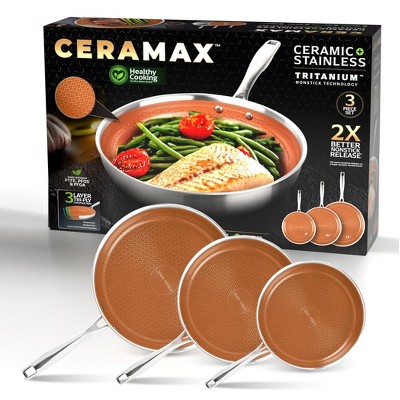Ceramax 3 Piece Ceramic Stainless Steel Nonstick Fry Pan Set 8” 10” 12” Triply Induction Cookware