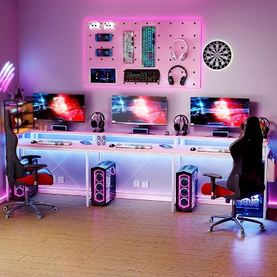 U Shaped Home Office Desk, Reversible L Shaped Gaming Computer Desk with Power Outlets,126 Inch Computer Desk with Monitor Stand