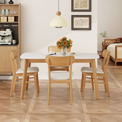 5 PCS Mid-Century Modern Dining Set, Faux Wood Top Dining Table, Dining Chairs with Rubberwood Frame and Polyester Cushion-Coolbibila