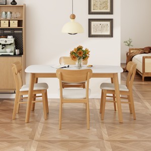 5 PCS Mid-Century Modern Dining Set, Faux Wood Top Dining Table, Dining Chairs with Rubberwood Frame and Polyester Cushion-Coolbibila - 1 of 4