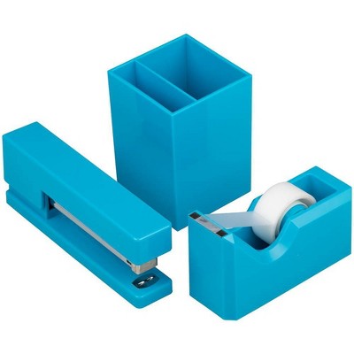 JAM Paper Stapler, Tape Dispenser & Pen Holder Desk Set Blue