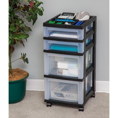 Sleek Black 4-Drawer Rolling Storage Tower with Organizer Top