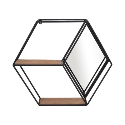 Sagebrook Home 20" Hexagon Mirror Wall Shelf - Contemporary Metal and Wood Black Rustic Mounted Wall Shelf for Home or Office Decor