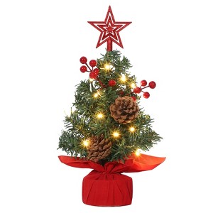 Mini Christmas Tree with Top Star & Lights, Tabletop Artificial Christmas Tree with Red Berries & Pine Cones, DIY Gifts for Holiday Decorations - 1 of 4